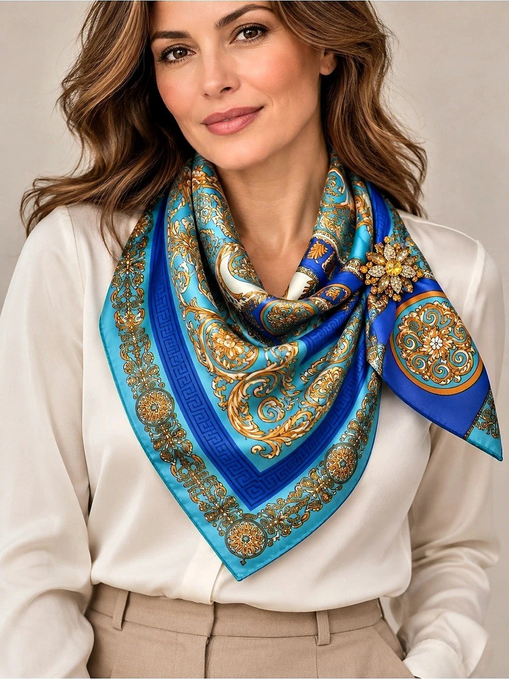 Blue Baroque Print Scarf with Jeweled Flower Pin